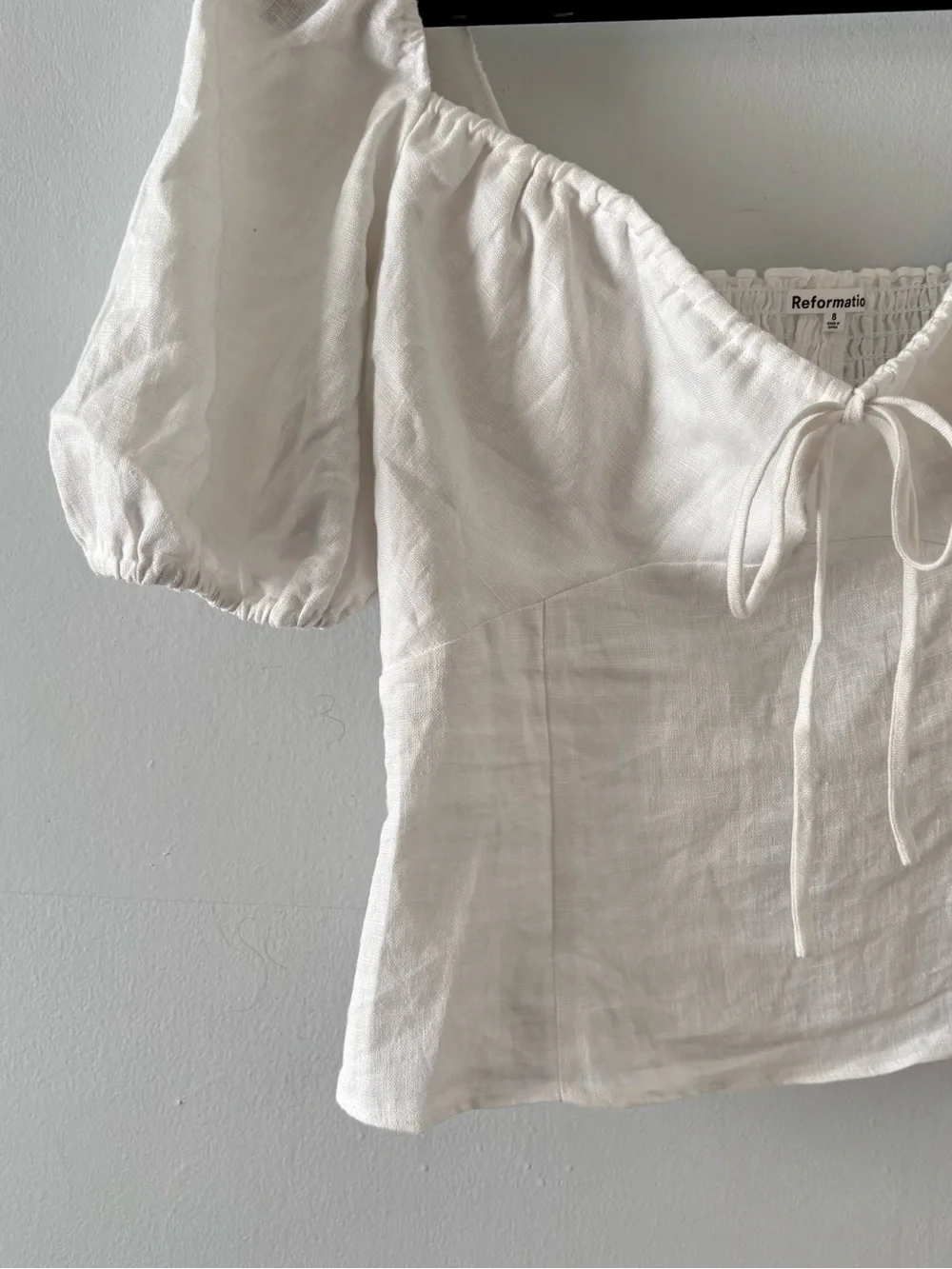 Reformation Rory Linen Blouse Puff Sleeve Shirt Tie Front Back Zip White